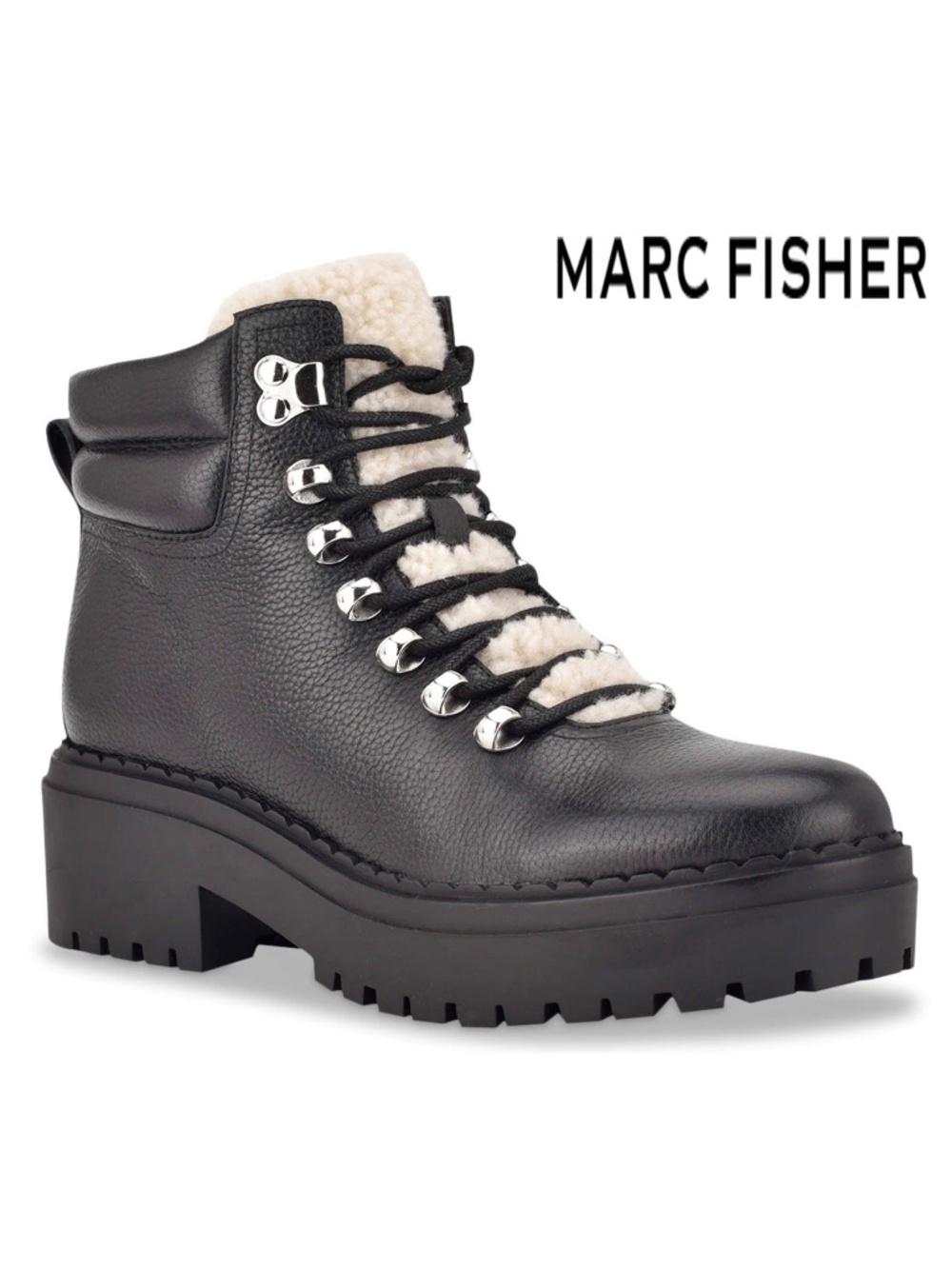 MARC FISHER WOMEN NIB NAIRY LACE-UP SHEARLING LUG SOLE BLACK LEATHER BOOTIE. 9M